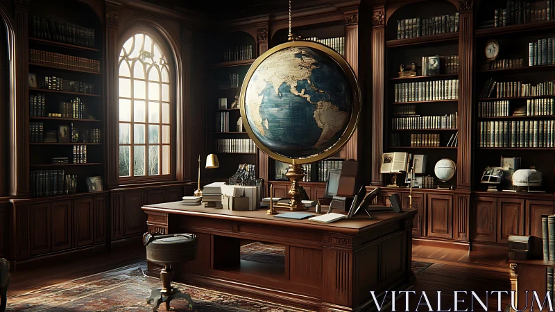 Old-world study with grand globe and glowing bookcases.