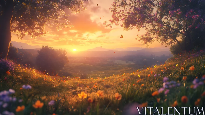 Sun-drunk wildflower valley cradling a golden farewell sky.