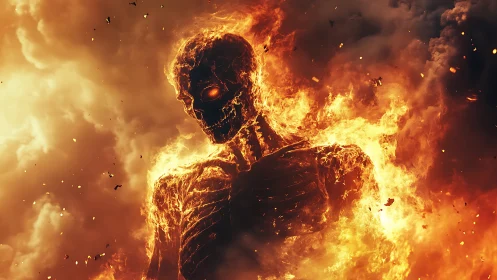 Flaming skeletal titan emerges from roaring inferno clouds