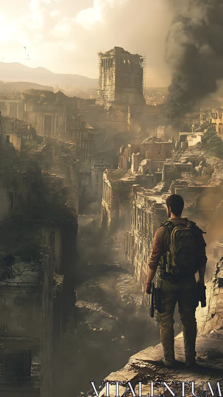 Lone survivor overlooking ruined post apocalyptic cityscape.