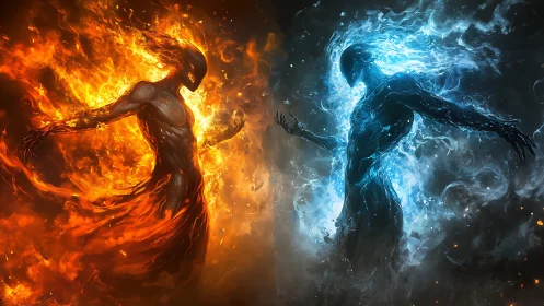 Elemental titans collide in blazing fire and frozen storm.