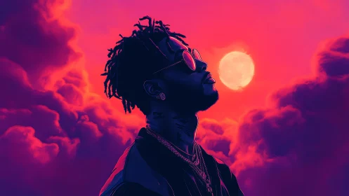 Neon-lit profile portrait against magenta clouds and oversize moon