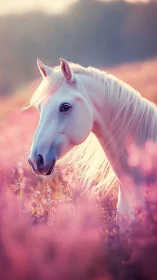 Gentle white horse glows softly amid dreamy pink meadow