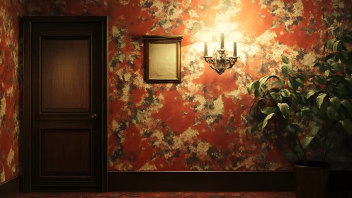 Velvet hallway hush with glowing sconce and secretive door.