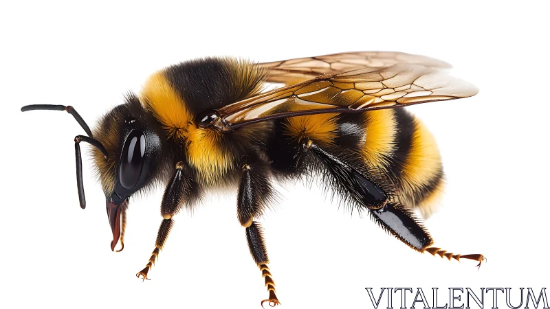 Close-up photorealistic bee with striped body on white.