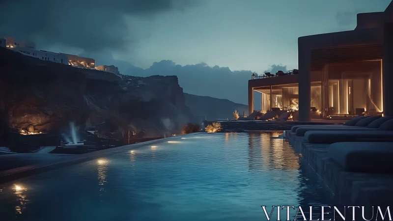 Midnight infinity pool hums softly above the coastal cliffs