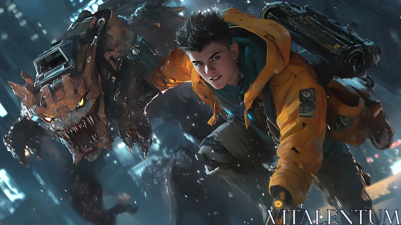 Street warrior and cyber beast charge through neon storm