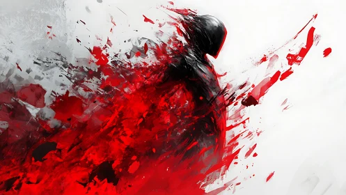 Shattered crimson wraith carving through quiet white void.