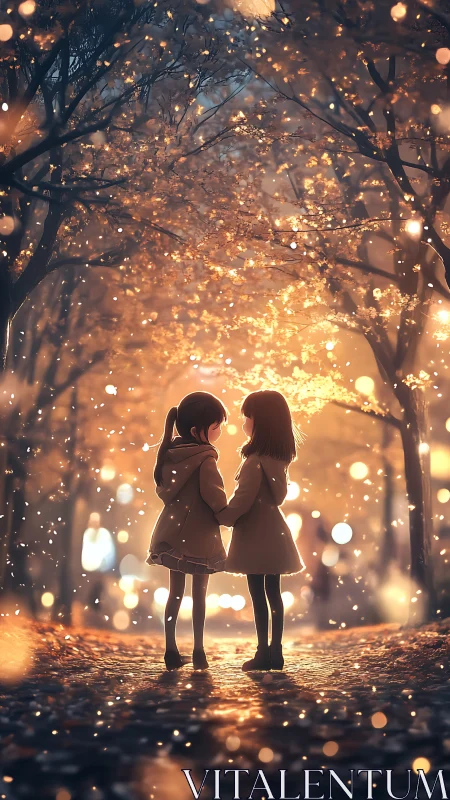 Childhood friends under glowing autumn park lights.