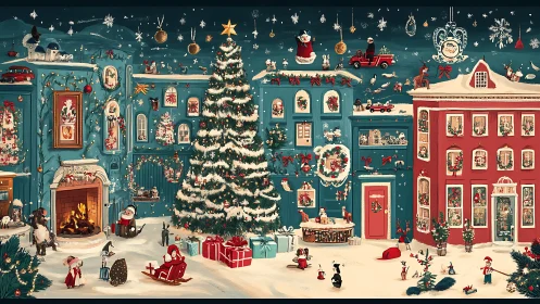Magical snowy town square glowing with cozy Christmas cheer.