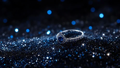 Midnight sapphire promise ring on a galaxy of glitter.