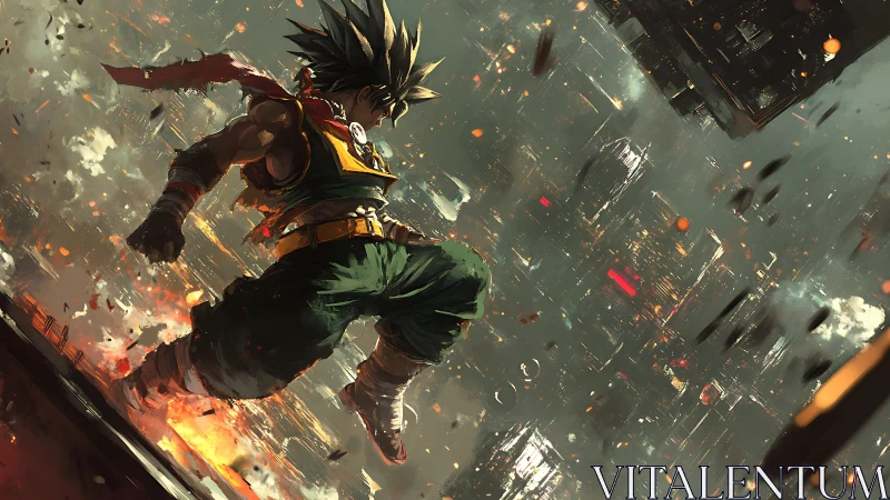 Sky-scorching warrior plunges through burning neon skyline.