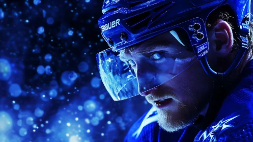 Icy blue portrait captures intense hockey player in motion