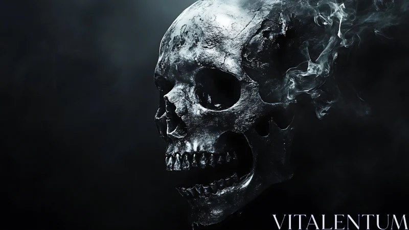 Dark metallic skull model with dissipating smoke effects