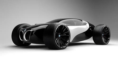 Conceptual BMW sports car with oversized wheels on gray ground.