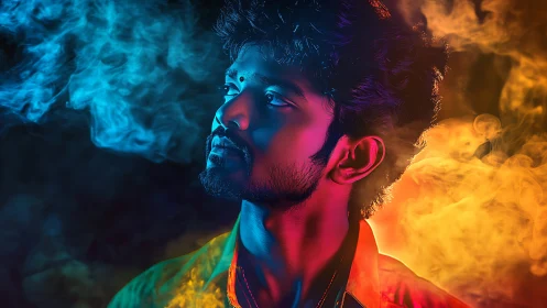 Chromatic portrait of a man adrift in neon smoke dreams.