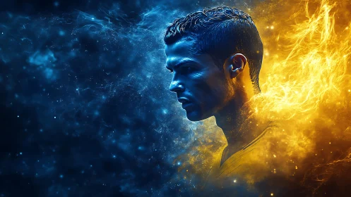 Side profile of male figure with blue and yellow energy fields