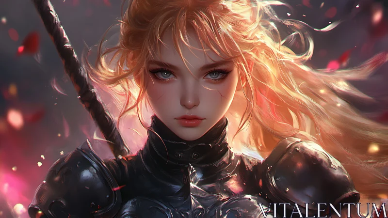 Radiant armored swordswoman under volumetric ember lighting.