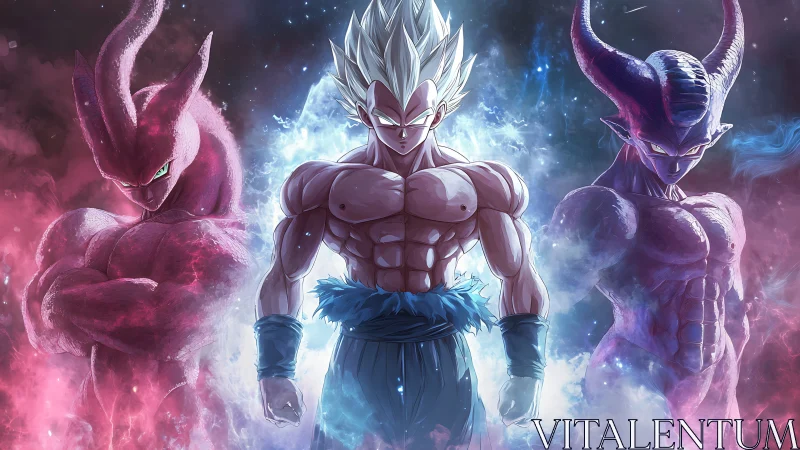 Triad of cosmic warriors ignite stormlit anime standoff