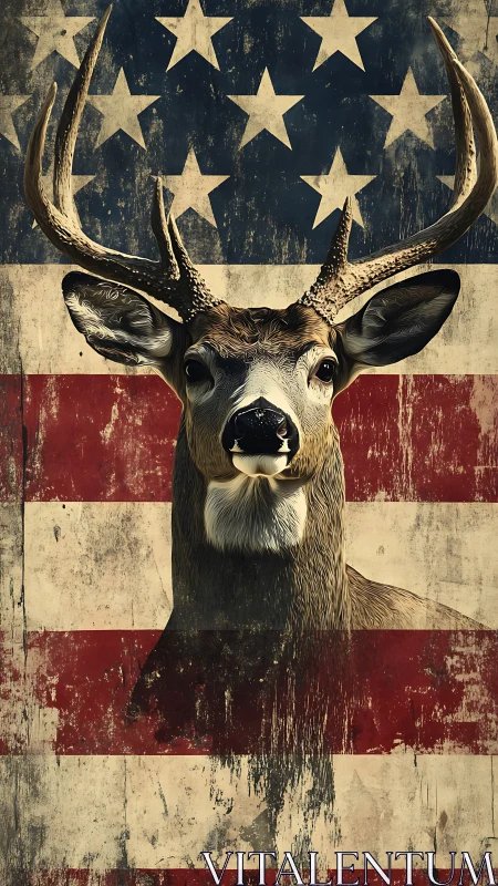Deer portrait set against worn American flag backdrop.