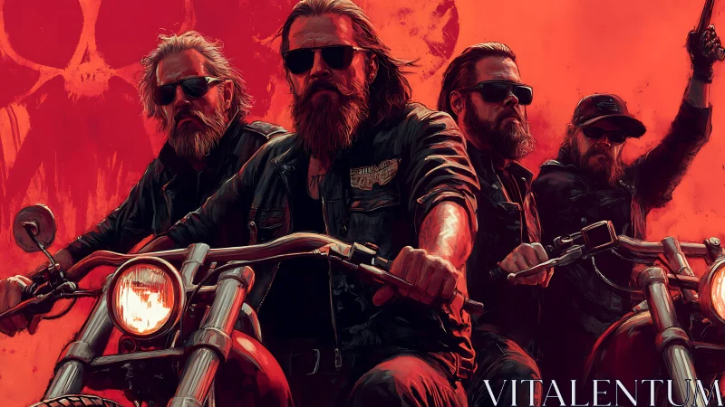 Bearded outlaw bikers ride through crimson inferno sky.