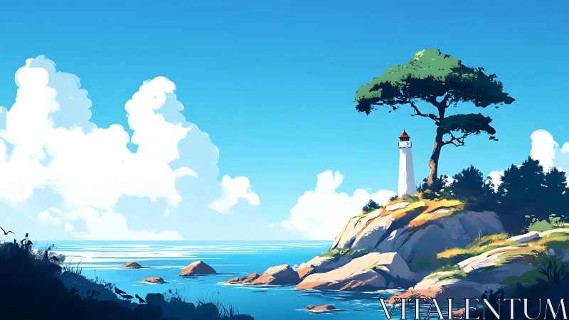 Lighthouse on Rocky Coastal Cliff with Sea View.