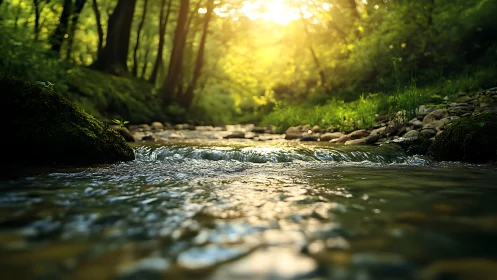 Low-angle forest stream study with luminous backlit bokeh.