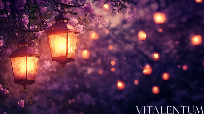 Glowing garden lanterns cast warm bokeh over twilight blooms