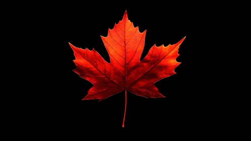 Crimson maple leaf isolated on deep black negative space.