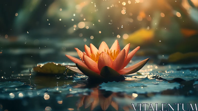 Water lily in cinematic dusk rain with glowing bokeh light.