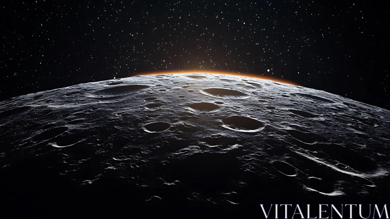 Lunar horizon glows as distant sun rises beyond craters.