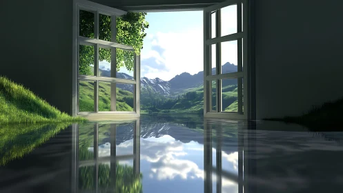 Open window reveals serene mountains reflected on glassy floor.