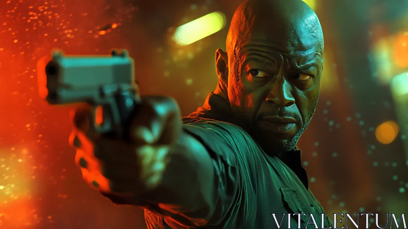 Cinematic neon close-up of armed man in dynamic profile shot.