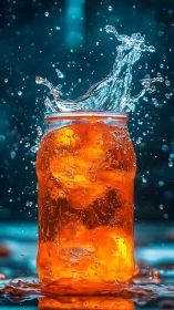 Orange drink in glass jar captured mid splash motion
