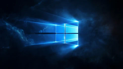 Backlit glass window logo emits volumetric blue light beams in fog