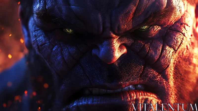 Close frontal view of textured purple humanoid face in firelight.