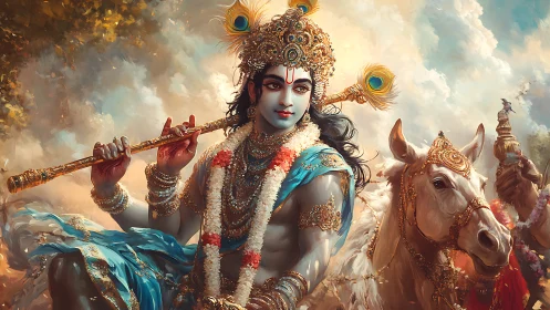 Divine blue-skinned figure with flute on decorated horse.