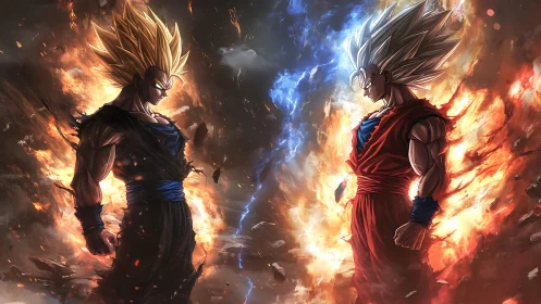 Opposed anime warriors amid symmetrical elemental energy.