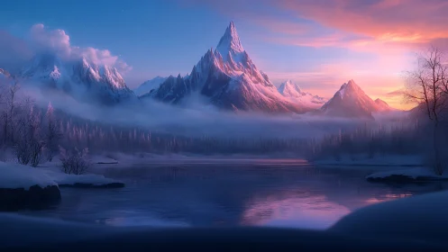 Snow-covered mountain range over frozen lake at sunset.