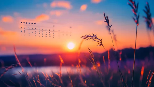 Backlit wild grasses at sunset with blurred digital calendar overlay.
