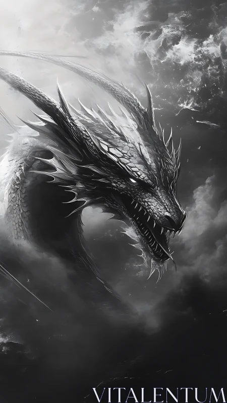Monochrome dragon head emerges sharply from swirling storm clouds