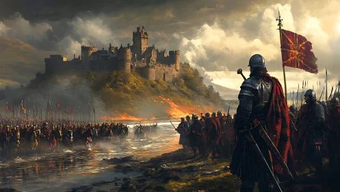 Medieval army storms burning riverside fortress at dusk.