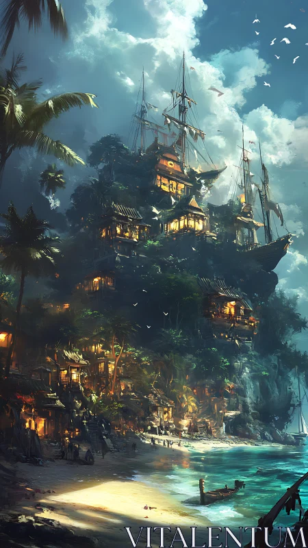 Fortified cliff structure with ships at tropical coast.