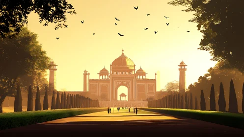 Sunlit domed gateway stands at end of symmetrical walkway