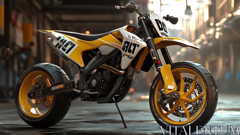 Street-tuned yellow supermoto motorcycle in cinematic garage.
