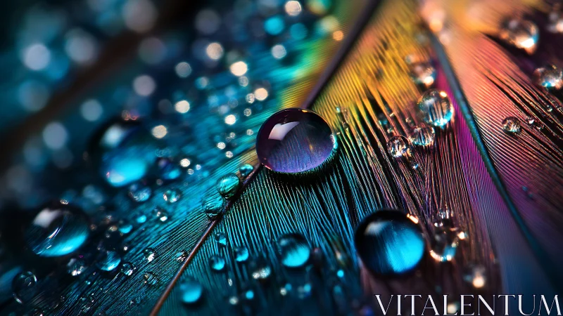 Macro view of water droplets on multicolored feather surface.