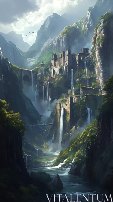 Mountain fortress city crowns cascading emerald waterfalls.