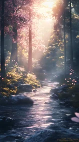 Ethereal Forest Stream Bathed in Golden Sunlight Through Trees