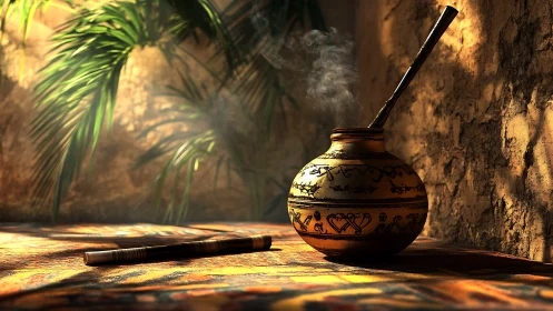 Clay pot with smoking pipe in warm sunlit corner.