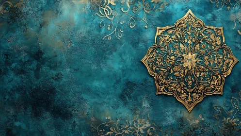 Ornate gold mandala on textured teal patina background.